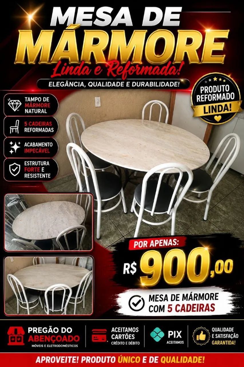 Mesa de mármore com 5 cadeiras
