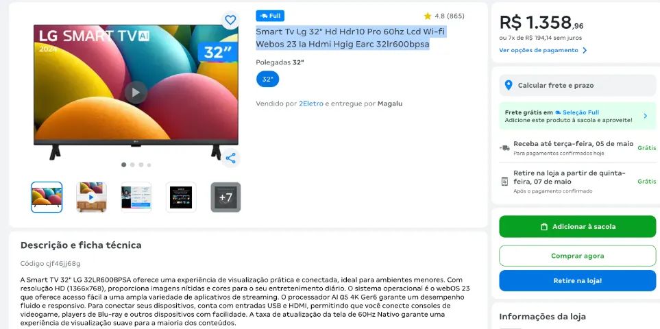 Smart Tv Lg 32" Hd  Wi-fi 32lr600bpsa - Foto 4