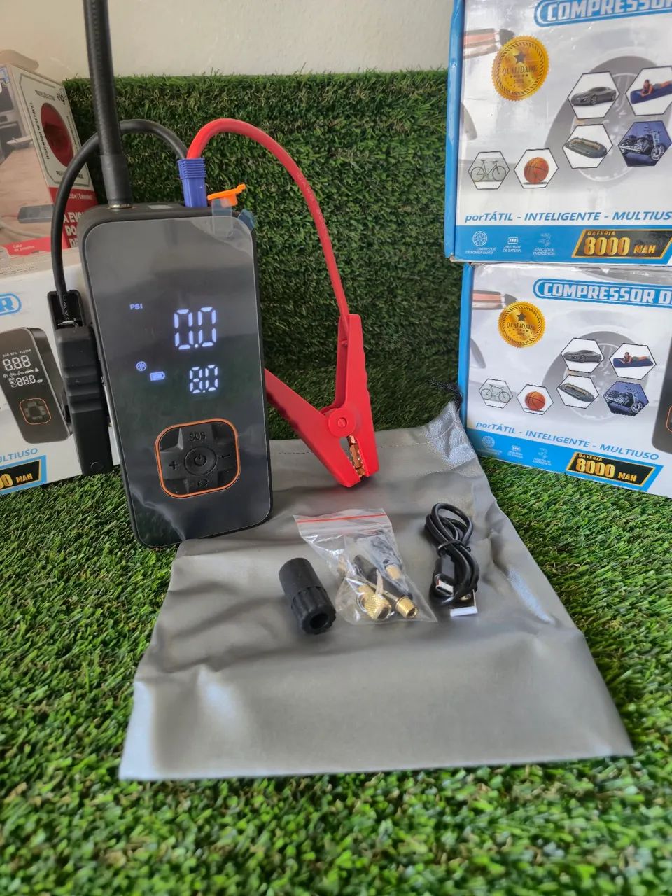 Auxiliar de partida para automóveis + Compressor Ar Portátil 
