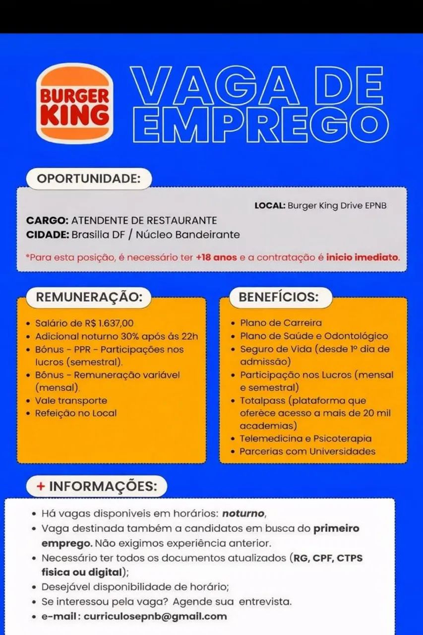 VAGAS BURGER KING EPNB Núcleo Bandeirante