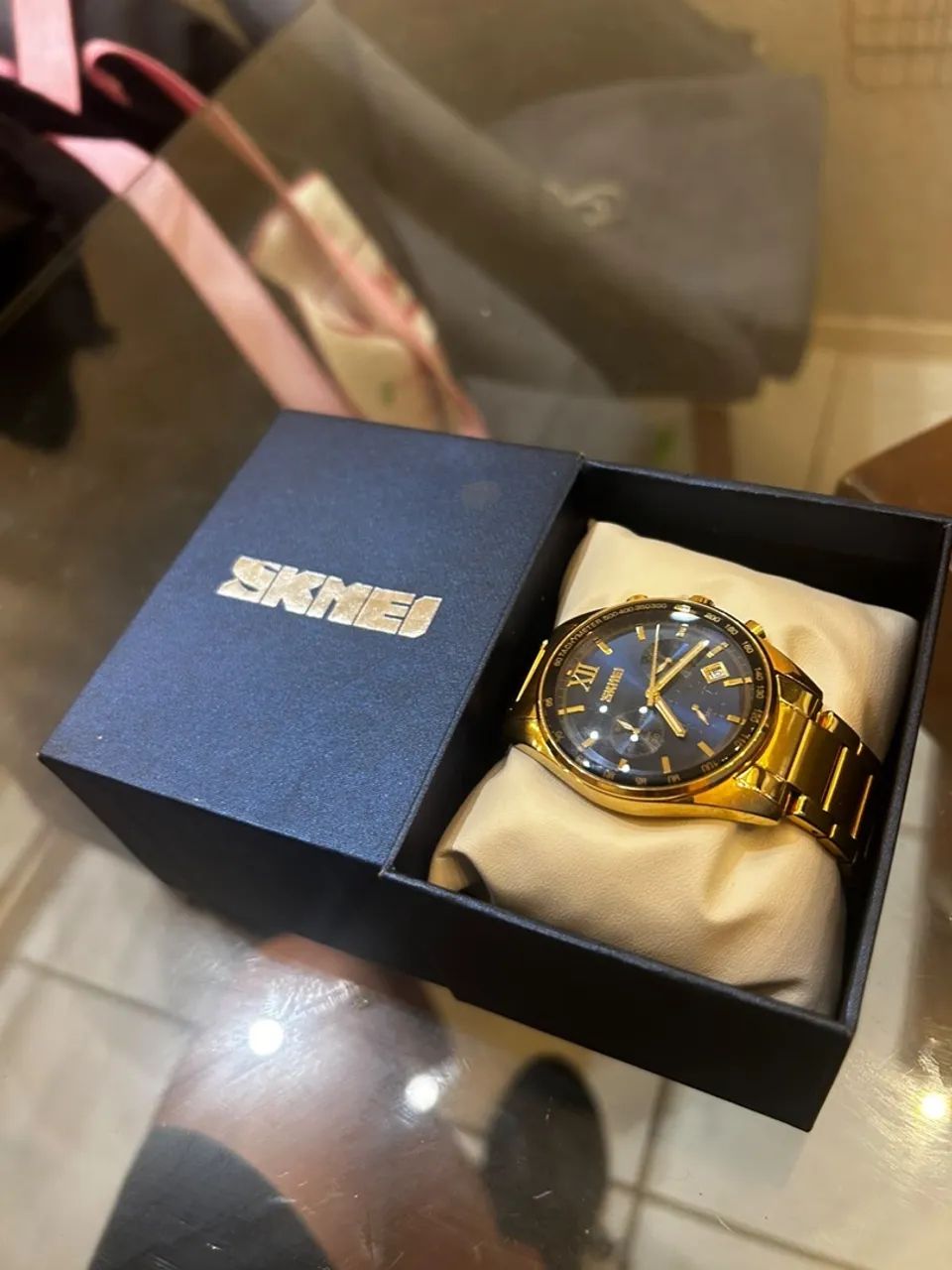 Relógio skmei dourado e azul - Foto 3