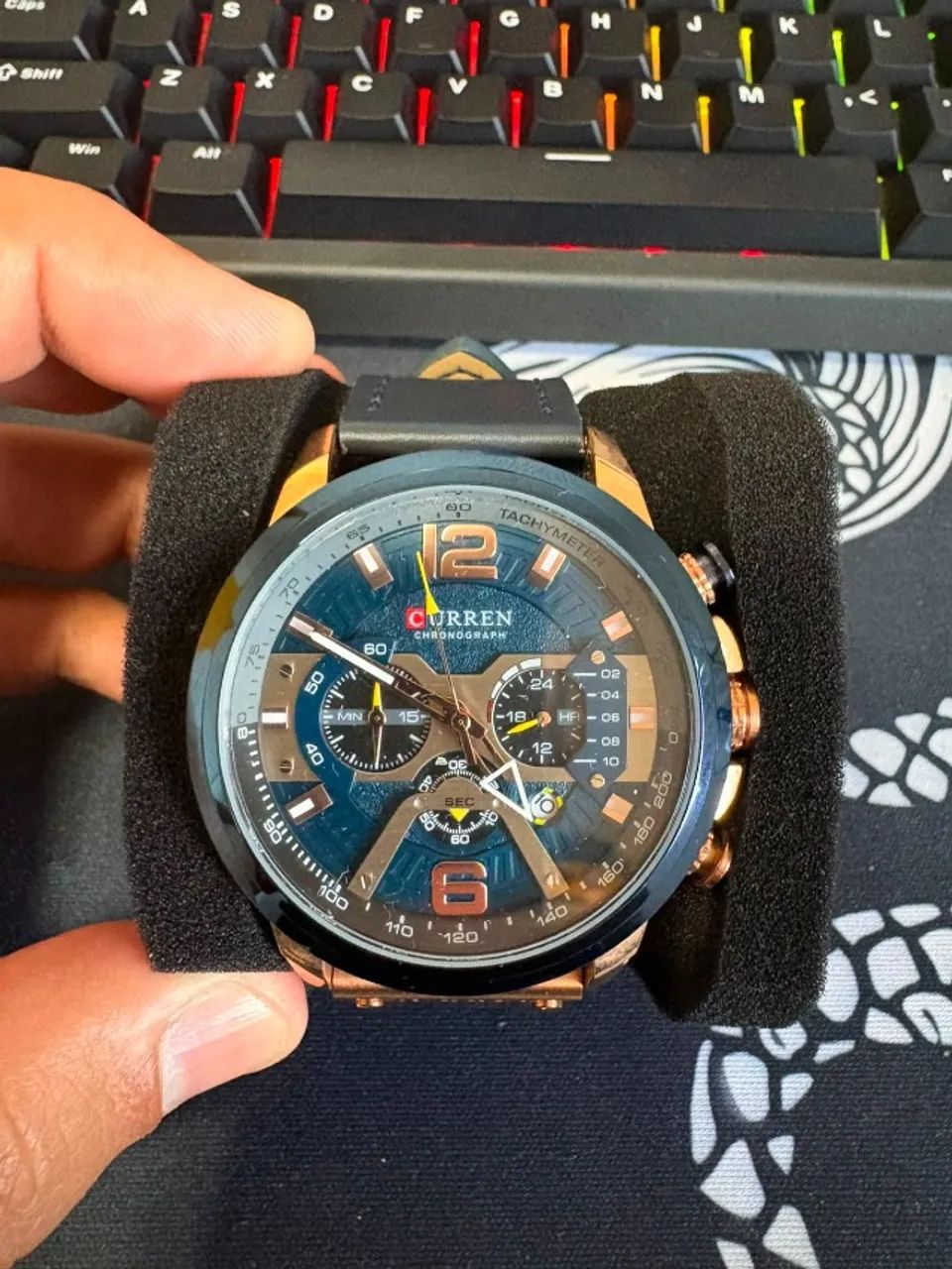 Relógio Masculino Curren Cronógrafo Rose Blue 48mm Couro - Foto 2