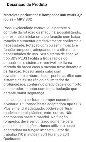 Martelete perfurador e Rompedor 800 watts 3,2 joules - MPV 832 - Foto 2