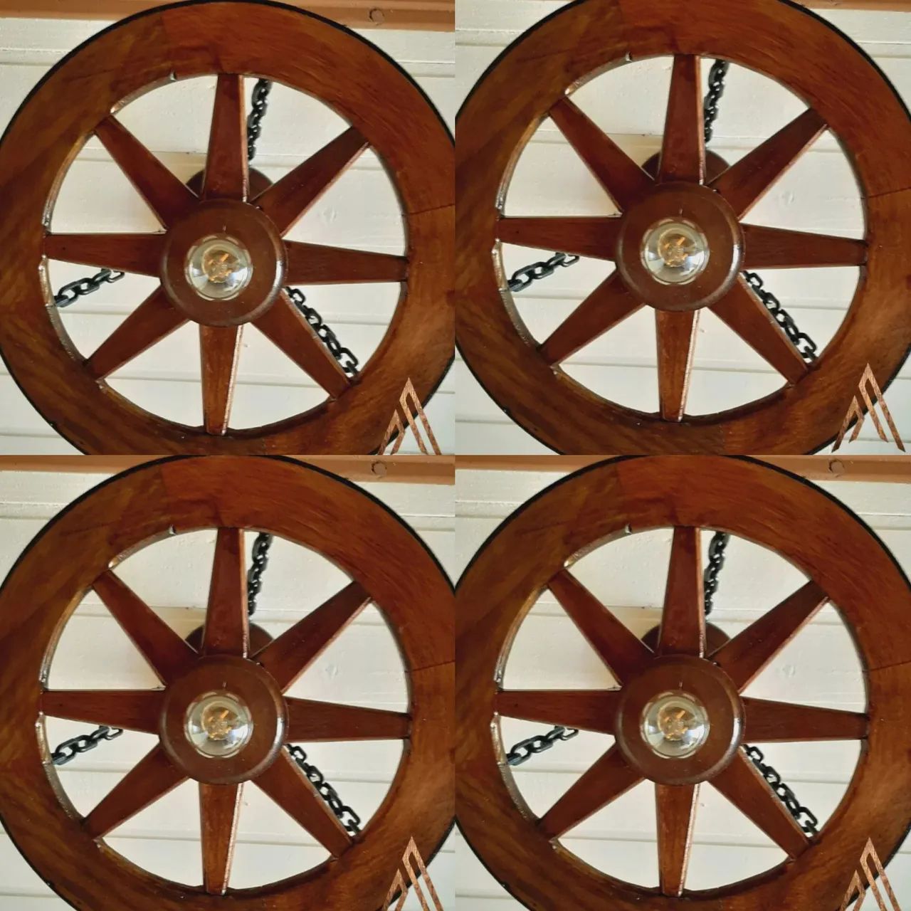Kit com 4 Pendentes 35cm de 1 Bocal, Roda de Carroça Madeira Maciça 