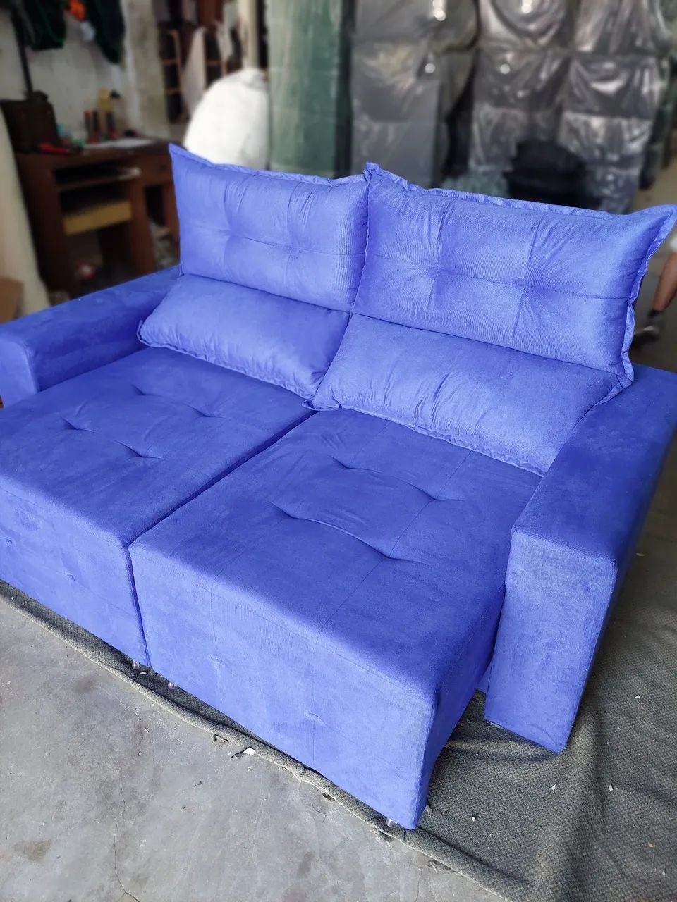 Sofá Retrátil Reclinável Larg 180cm Veludinho Azul