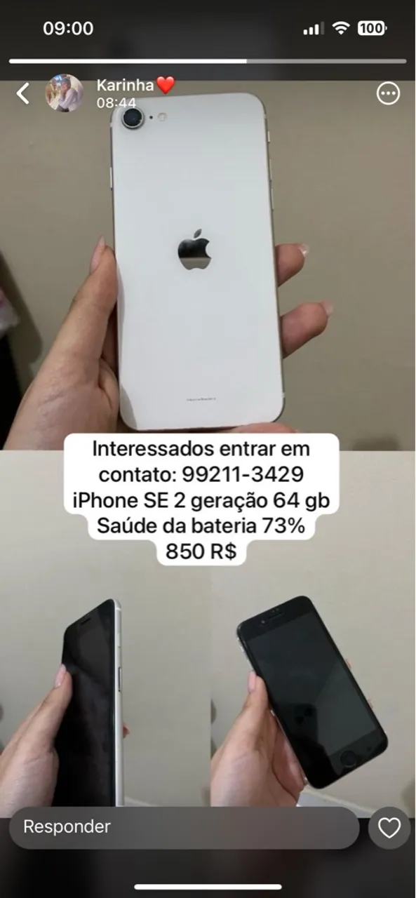 IPhone SE segunda geração 64 gb saúde da bateria 73% 800 reais o Bluetooth não funciona