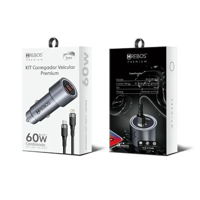 Carregador Veicular Hrebos 60w Usb-c Lightning Crv-203i Preto - Foto 3
