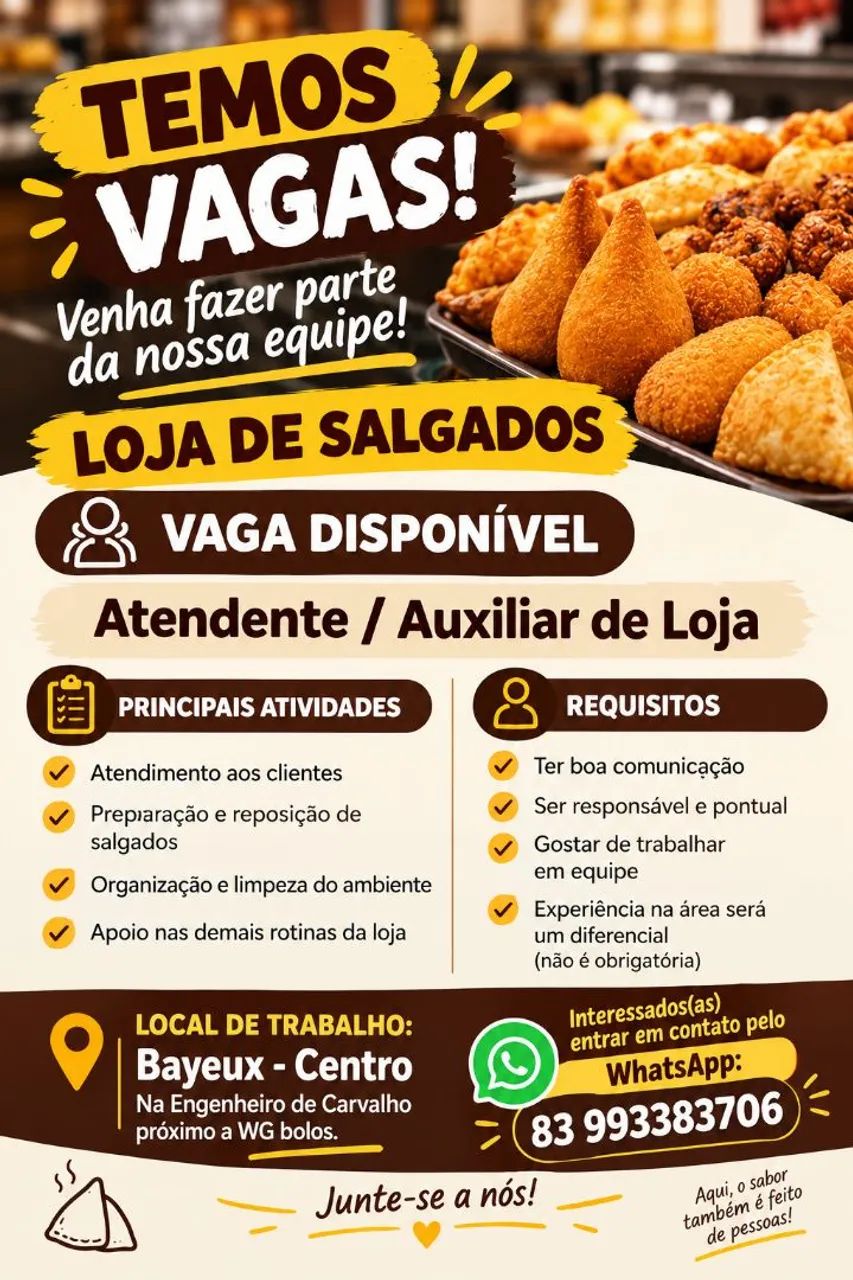 Vaga emprego para loja salgados