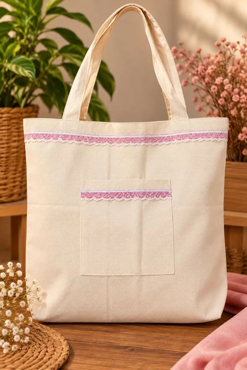 Ecobag Artesanal em Algodão Cru Creme com Renda Rosa e Bolso Frontal