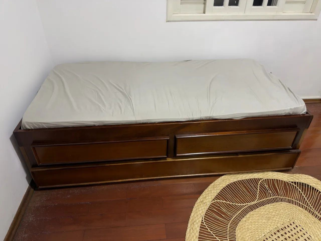 Cama de Solteiro de Madeira com 2 Gavetas + Cama Auxiliar