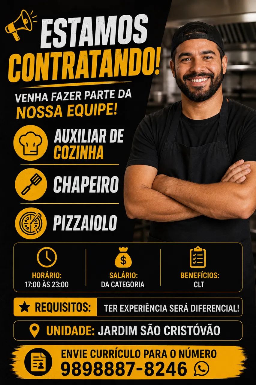 Vaga emprego: chapeiro e pizzaiollo 