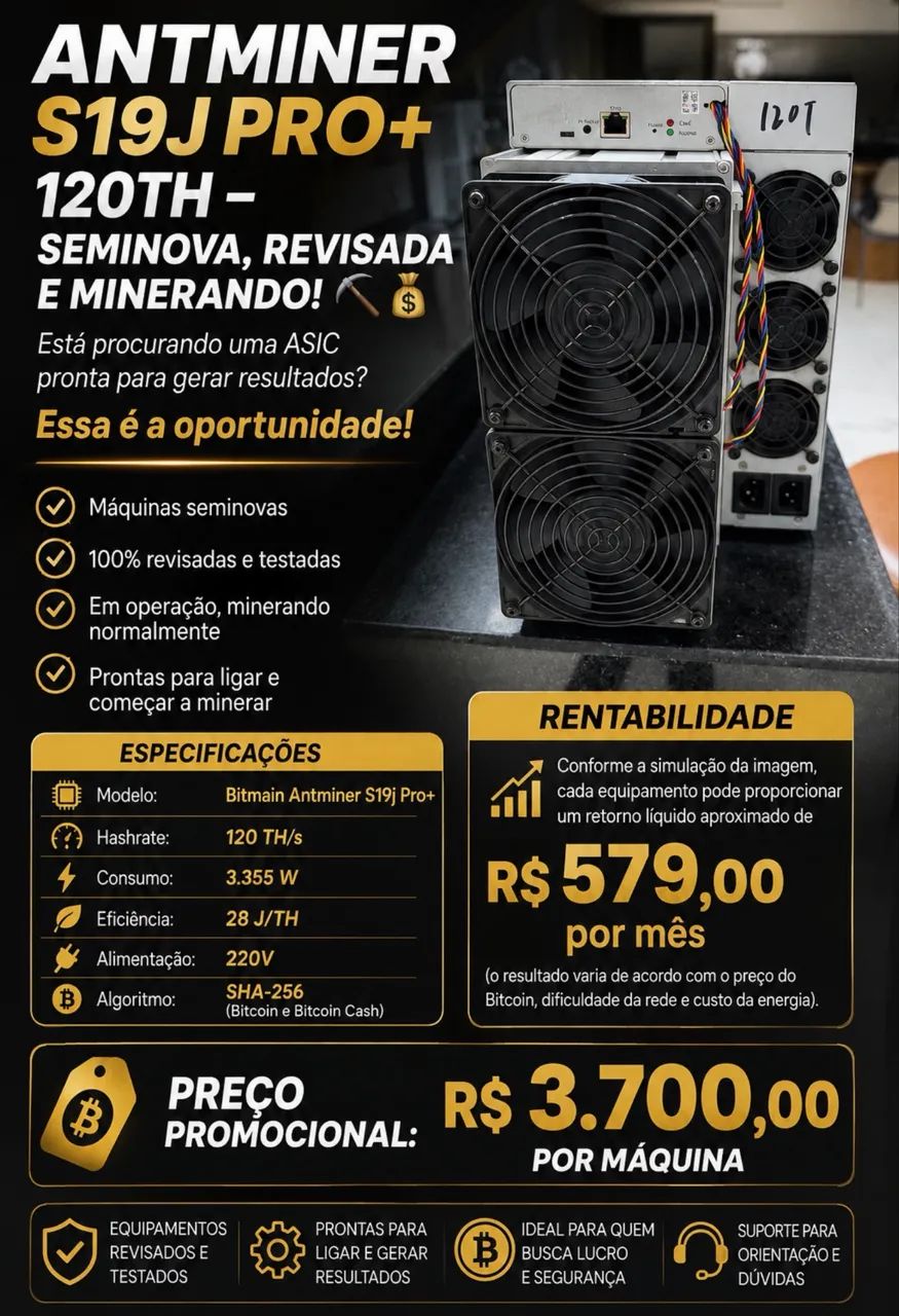ANTMINER S19J PRO+ 120TH - SEMINOVA, REVISADA E MINERANDO