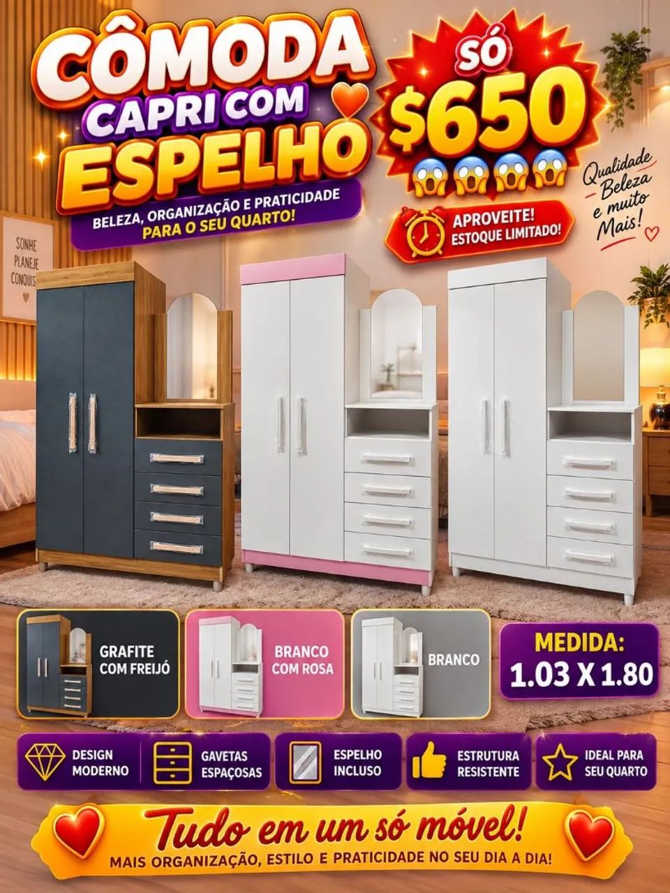 Guarda roupas Capri com espelho novo 