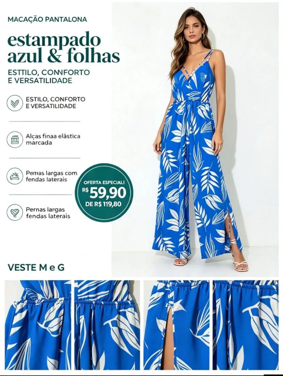 Macacão pantalona azul e branco 