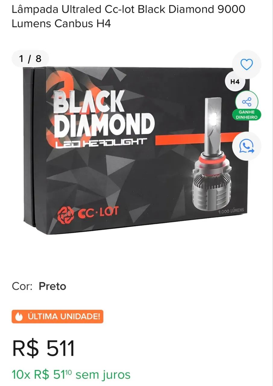 Lâmpada LED black diamond H4 cc kot - 9.000 lúmens - Peças para