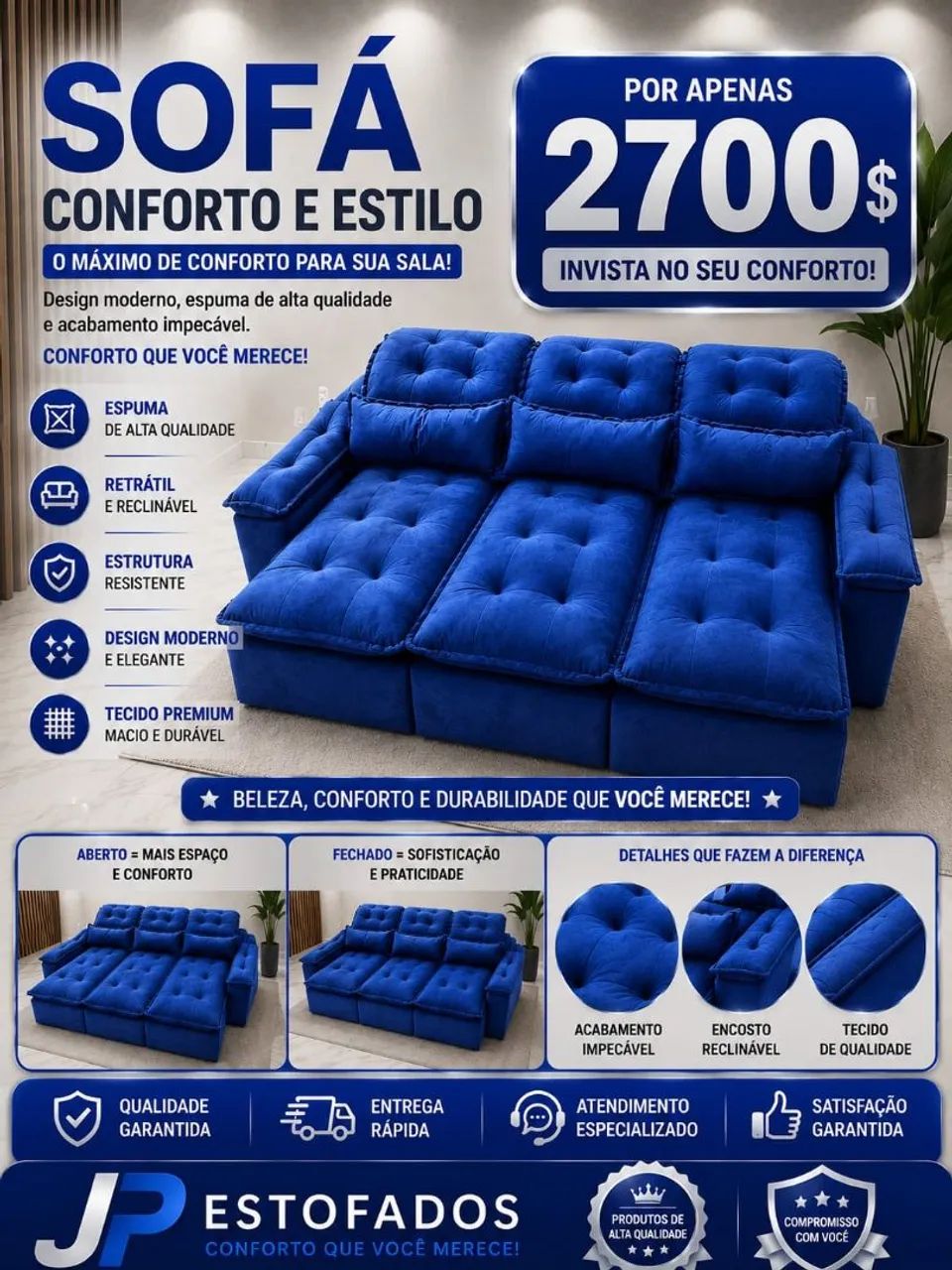 SOFÁ RETRÁTIL RECLINÁVEL COM PILLOW TOP  - Foto 3