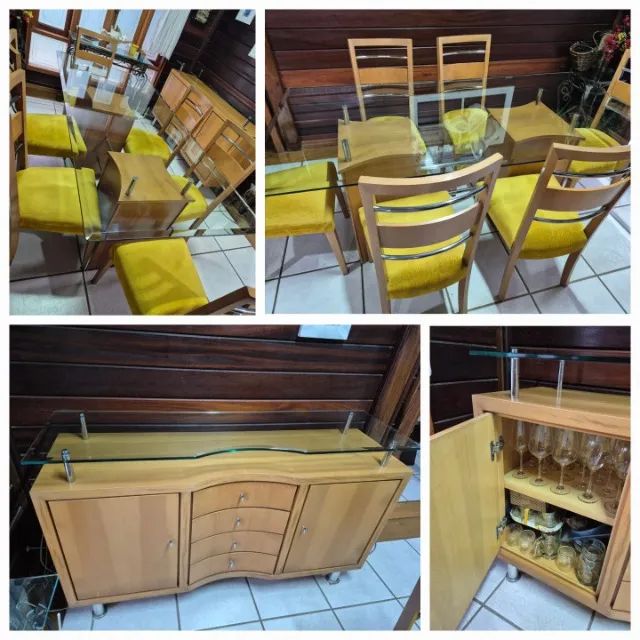 Conjunto Mesa de Jantar 6 cadeiras com Aparador de Madeira