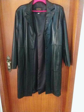 Sobretudo preto de couro legítimo veste 46