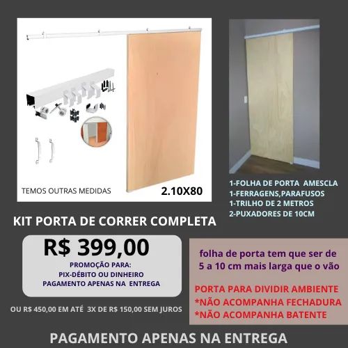 porta de correr com trilho de 2mt e ferragens e folha de porta
