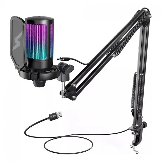 Microfone Gamer Fifine SuperFrame Edition SFM1, RGB, USB, Com Braço Articulado, 12x 24,29