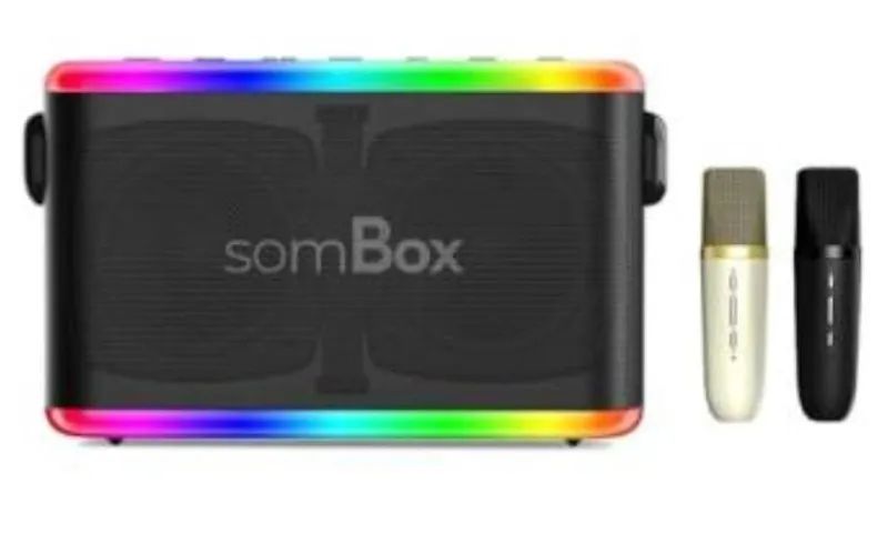 CAIXA DE SOM DA SOMBOX COM 02 MICROFONES SEM FIO 