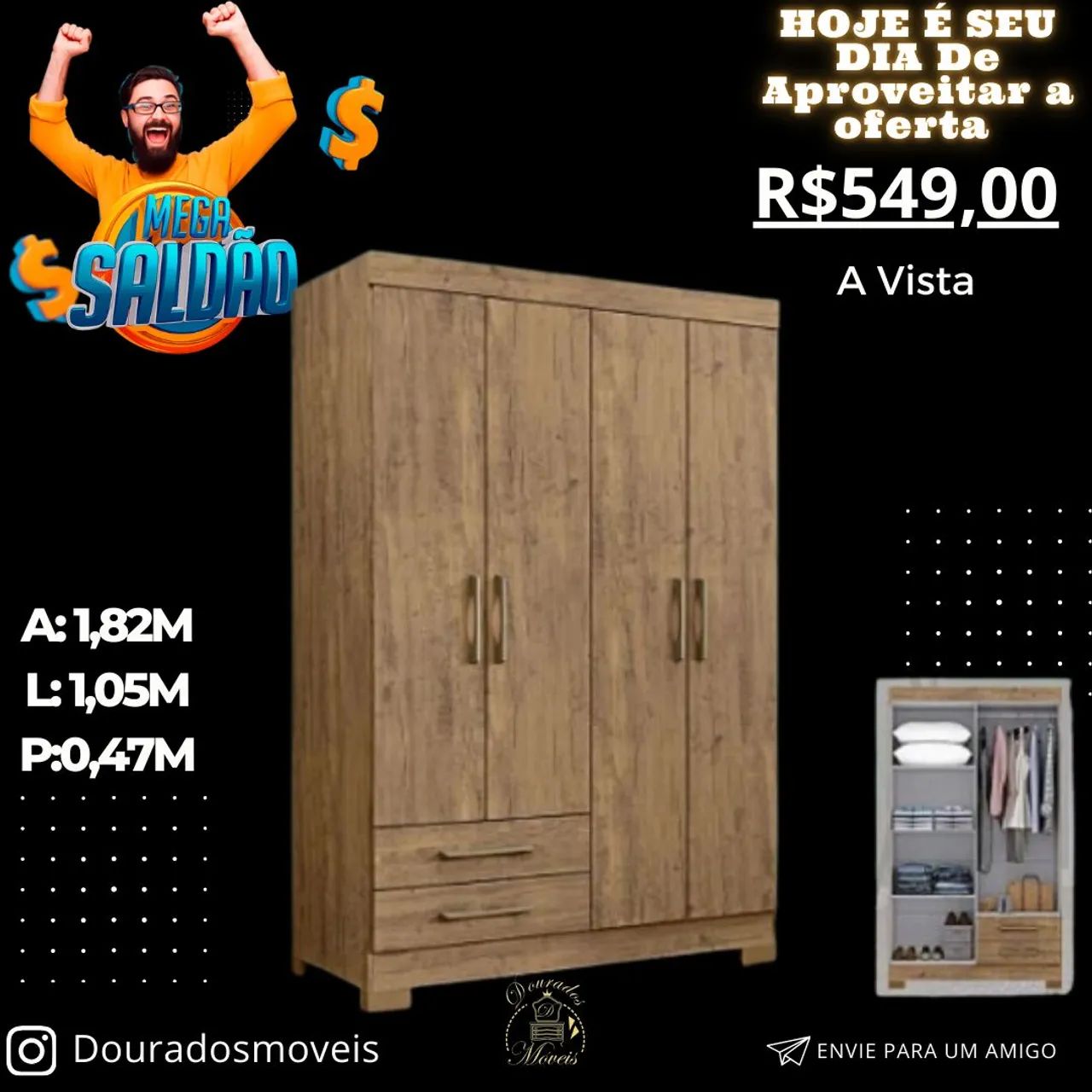 Guarda-Roupa 3 Portas 4 Gavetas Amadeirado