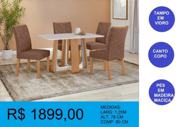 Mesa de jantar com 4 cadeiras com vidro - Entrega e montagem GRATIS