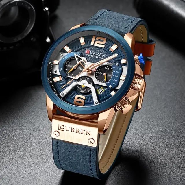 Relógio Masculino Curren Cronógrafo Rose Blue 48mm Couro