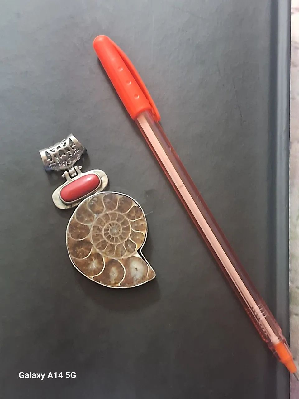 Pingente com amonite, Prata e coral natural. Peça maravilhosa. 