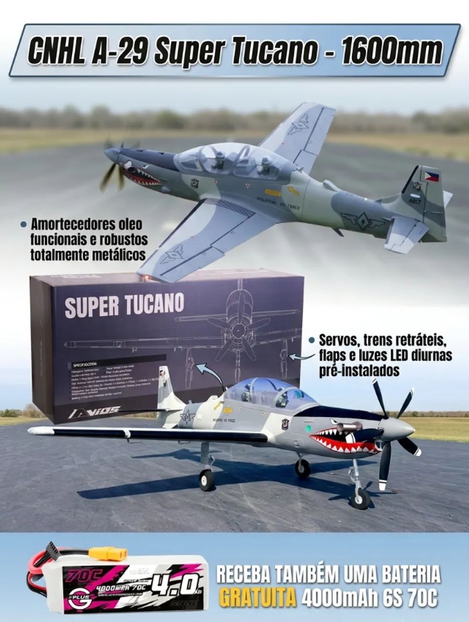 Super Tucano Cnhl 1600mm + Bat. 4000mah 6s-brinde - Foto 4
