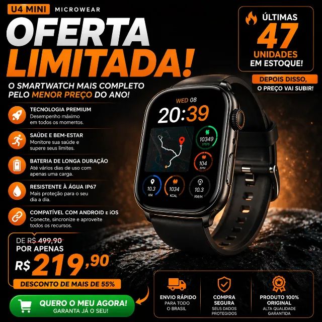 SMARTWATCH U4 MINI ULTRA + BRINDE SURPRESA + PULSEIRA EXTRA +