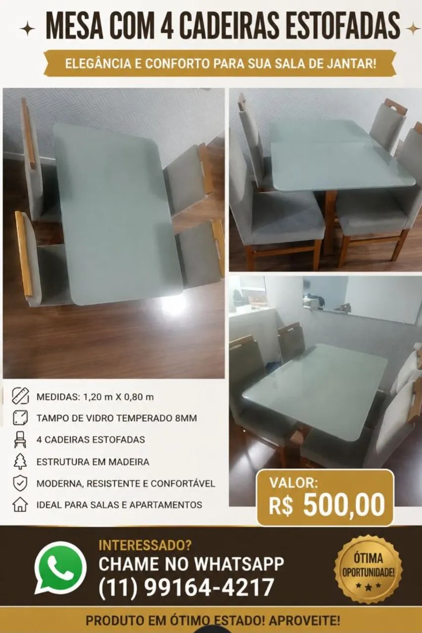Mesa com 4 cadeiras estofadas 