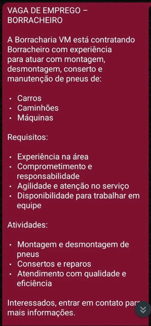 Vaga para Borracheiro 