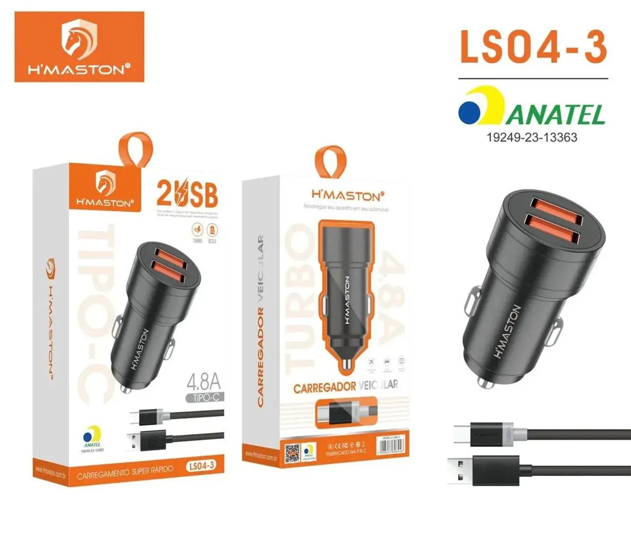 Carregador Veicular 4.8A 2 USB Com Cabo Tipo C Carga Rápida Preto<br> - Foto 5