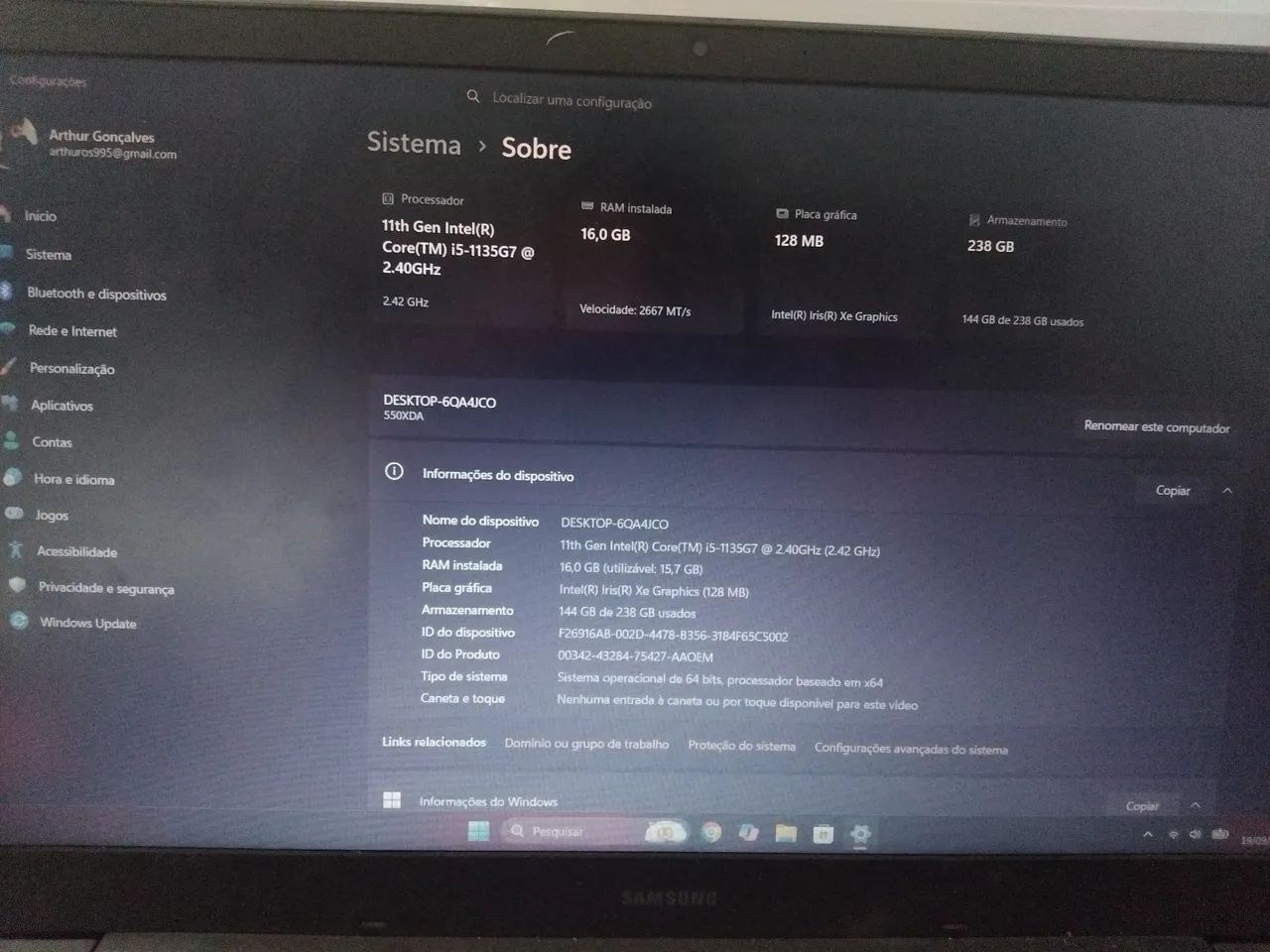 Notebook Samsung NP550XDA