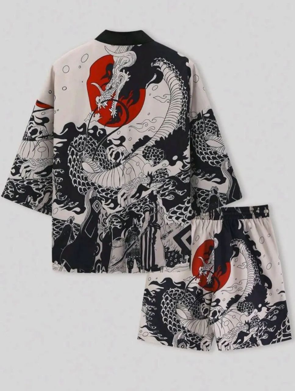 Conjunto Kimono Chinês com Estampa de Dragão Vermelho Lua Estilo Cartum (One Piece) - Foto 3