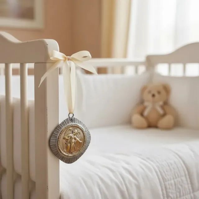 Medalha Para Berço - Anjo Da Guarda E Jesus - Década de 1950