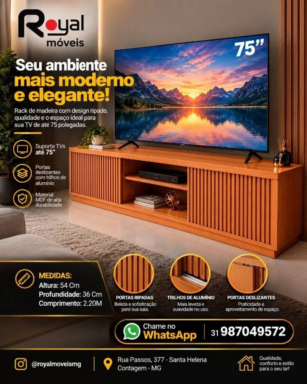 Rack Bancada 2.20M P/TVs Até 75 Polegadas. Produtos Novos Direto da Fábrica P/Sua Casa.