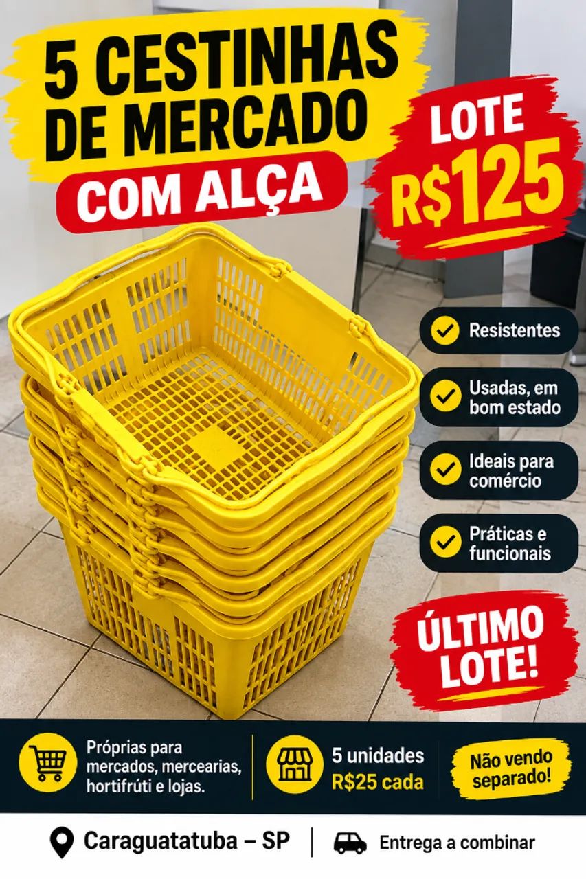 5 Cestinhas de Mercado com Alça Plásticas Reforçadas Lote