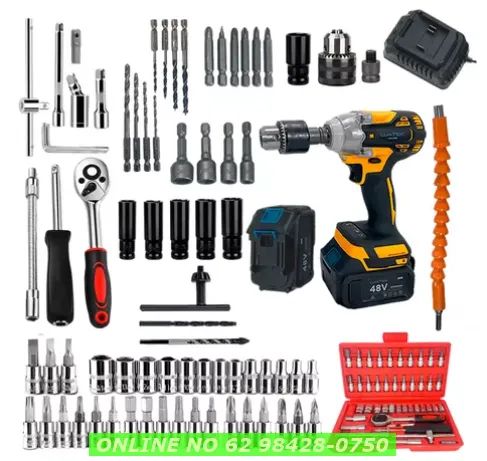 Kit Parafusadeira Furadeira Pneumática chave de impacto 48v + Chaves Catraca  46 itens