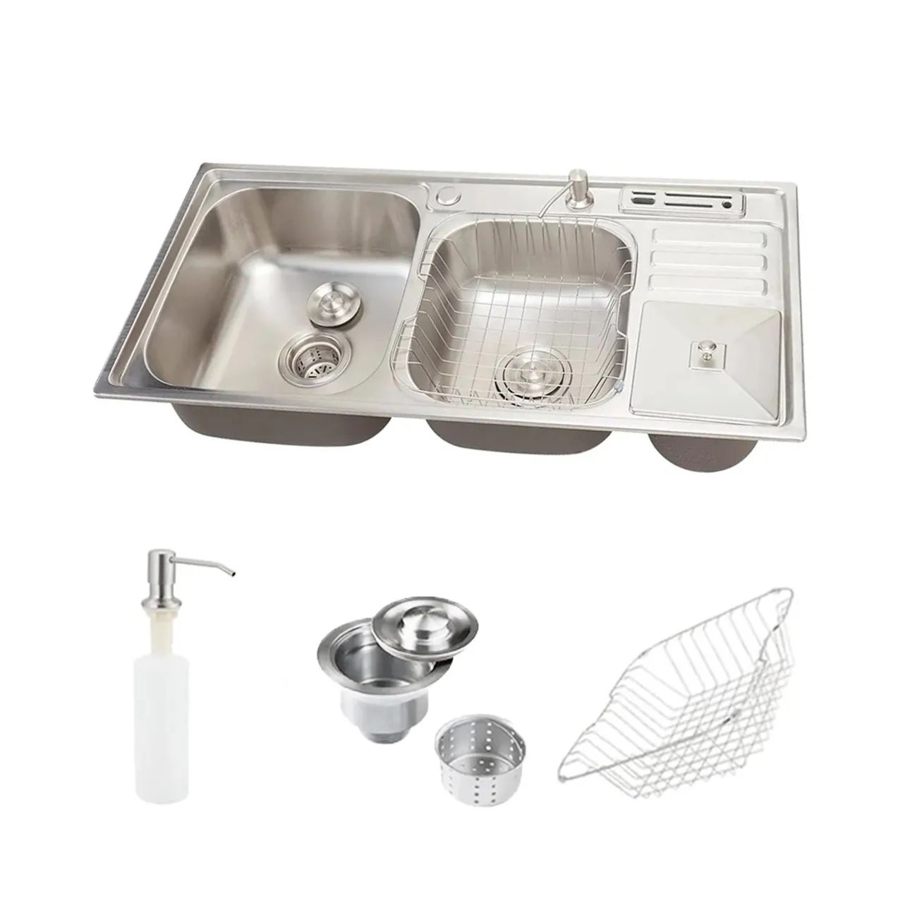 Cuba Dupla Gourmet para Cozinha com Acessórios e Lixeira Aço Inox 201 92x45cm