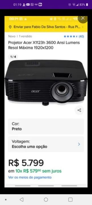 Projetor Acer X1123h 3600 Ansi Lumens