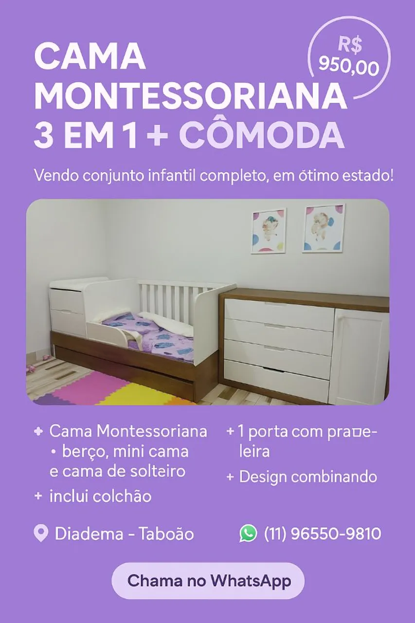 Cama Montessoriana 3 em 1 + Cômoda Infantil Completo