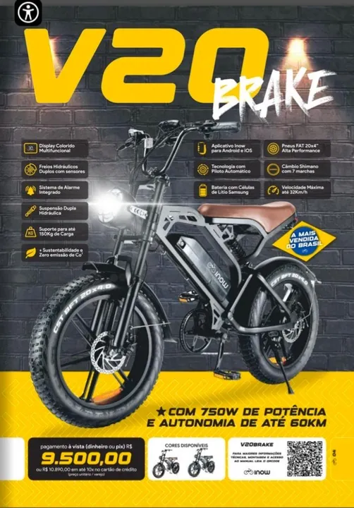 Bicicleta Elétrica V20 Brake - 750W - Autonomia de até 60km
