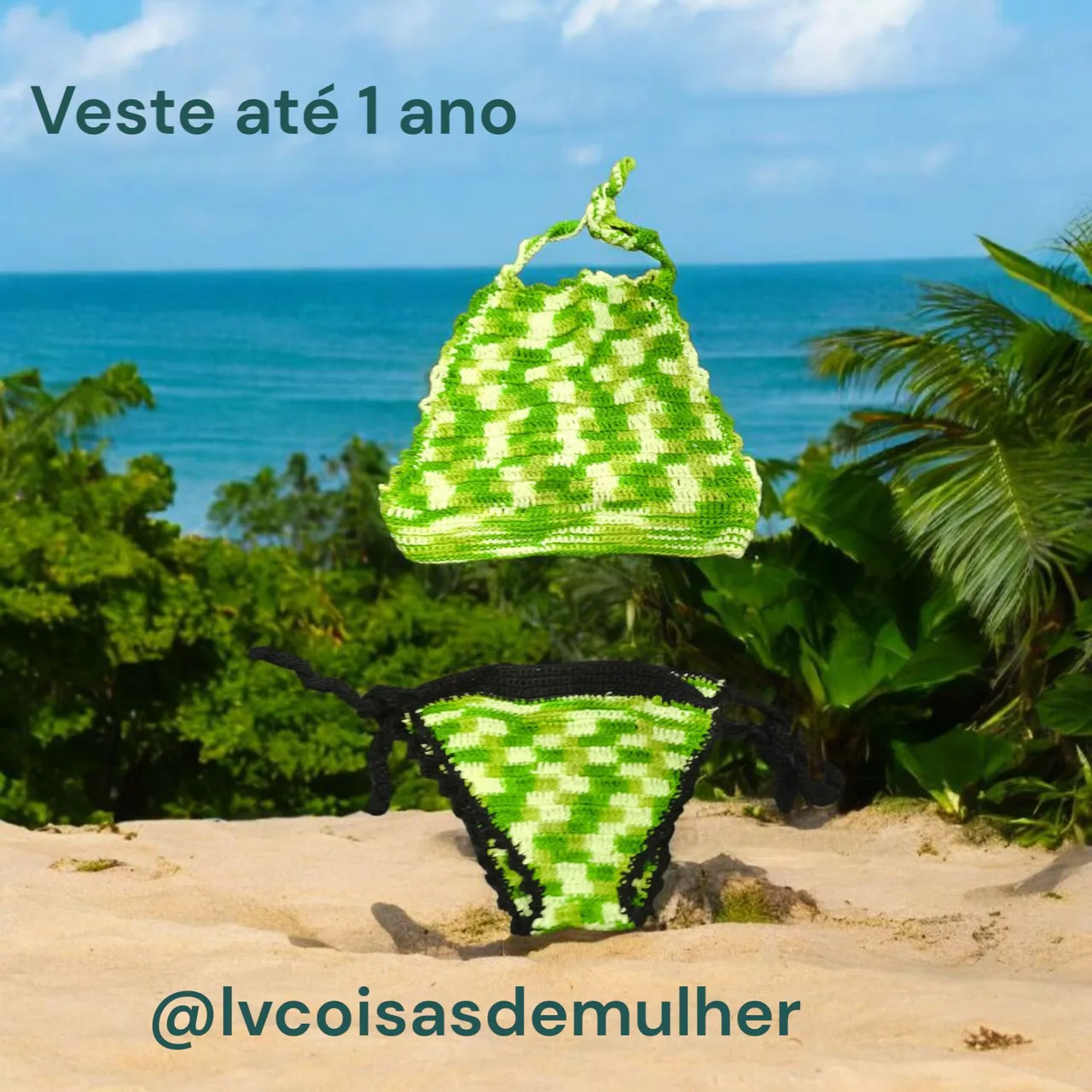 Biquíni Crochê Bebê - Verde e Preto - 1 Ano