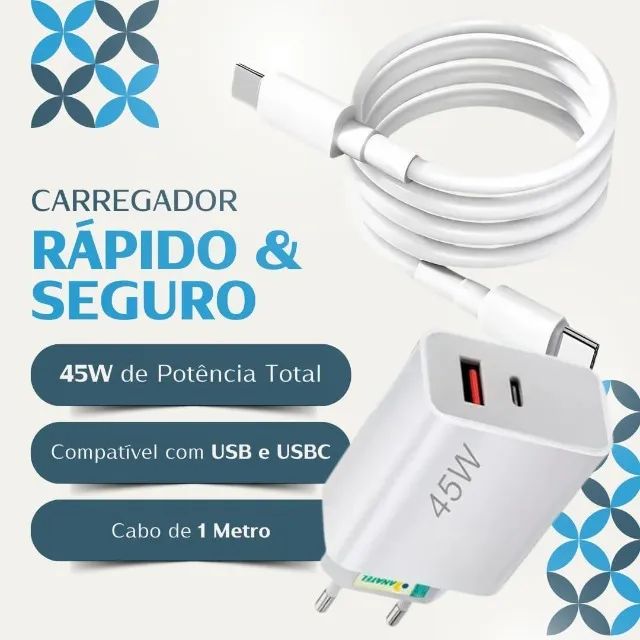 Carregador Universal Super Turbo 45W - 2 Saídas USB-C e USB-A, iphone 15 e 16 e android