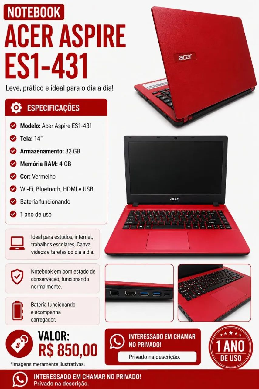 Notebook acer ASPIRE ES1-431 vermelho