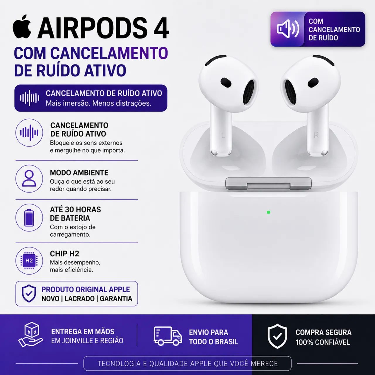 AirPods 4 Apple Original Com Cancelamento de Ruído Ativo (ANC