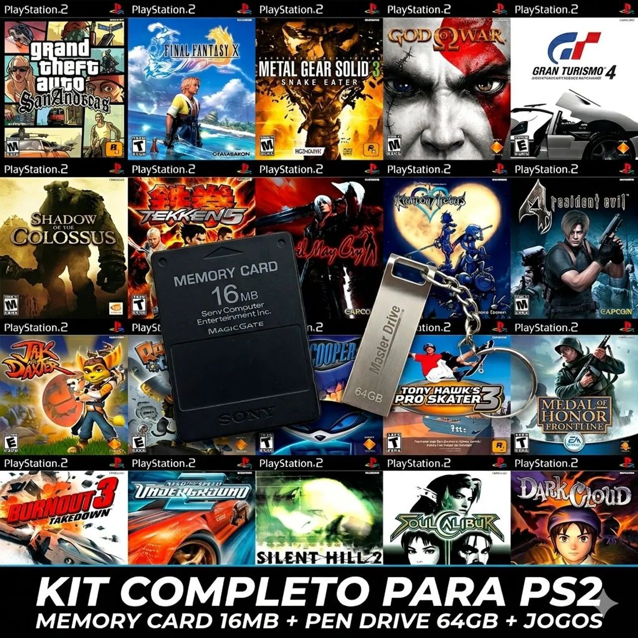 Kit completo para Playstation 2 (PS2) Memory card 16mb + Pen drive 64gb + Jogos a escolher