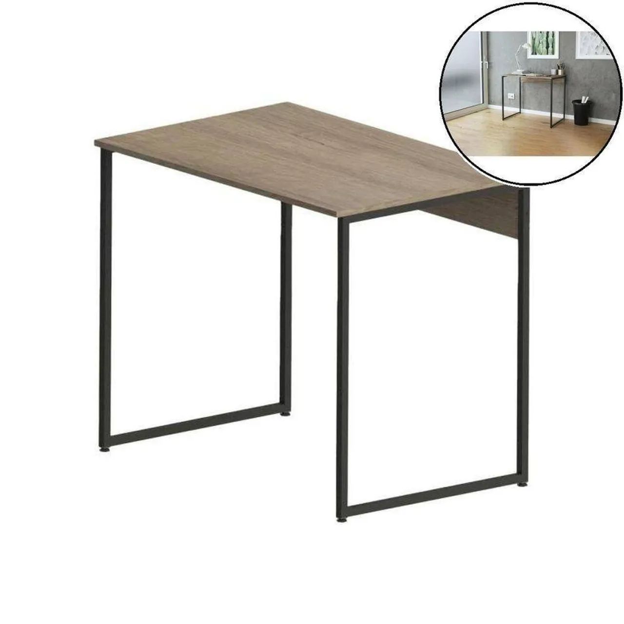 mesa de escritório com tampo de madeira e base industrial de ferro preto - Foto 2